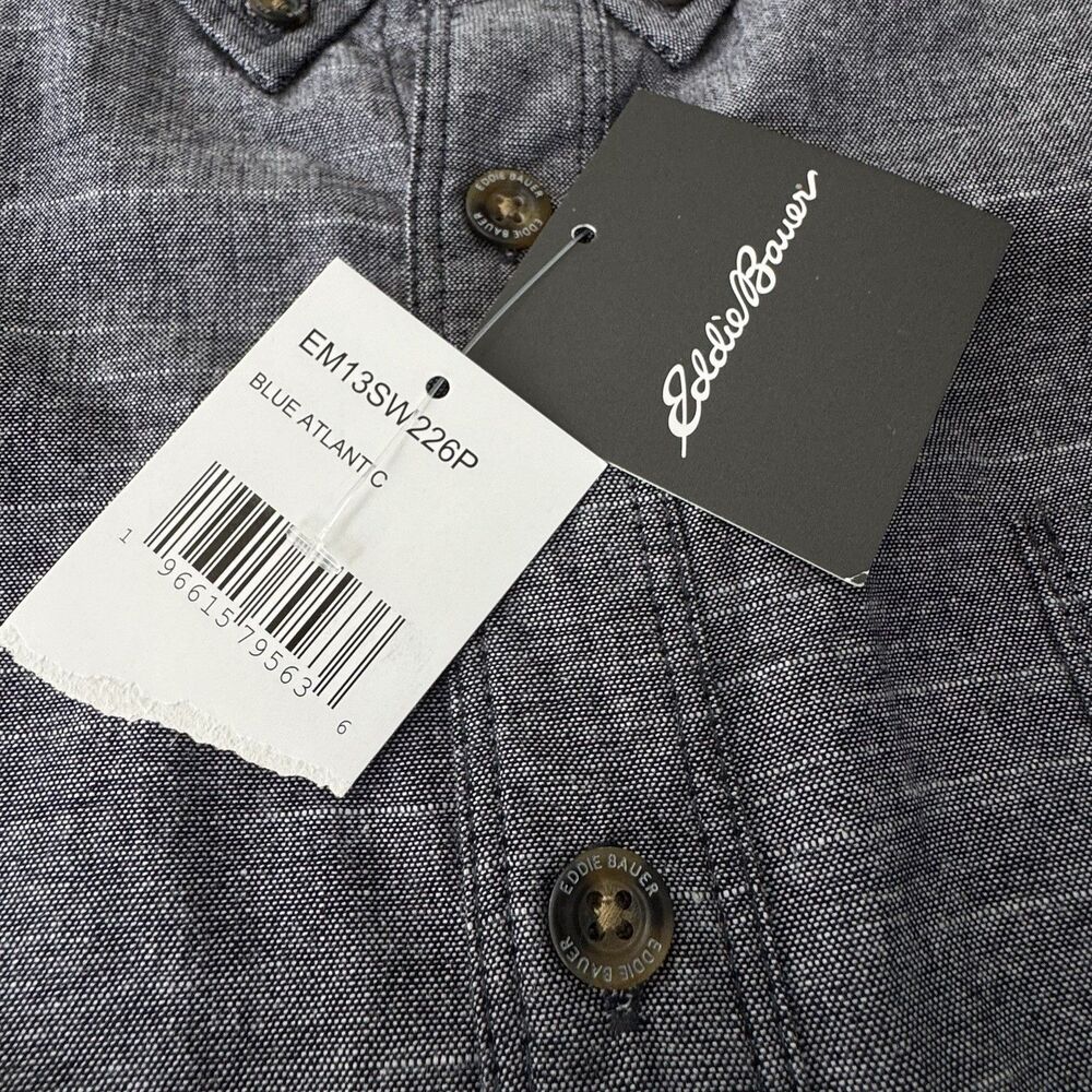 Eddie Bauer Button Up Shirt Men XXL Gray Blue Chambray NWT Short Sleeve Cotton - Picture 10 of 14